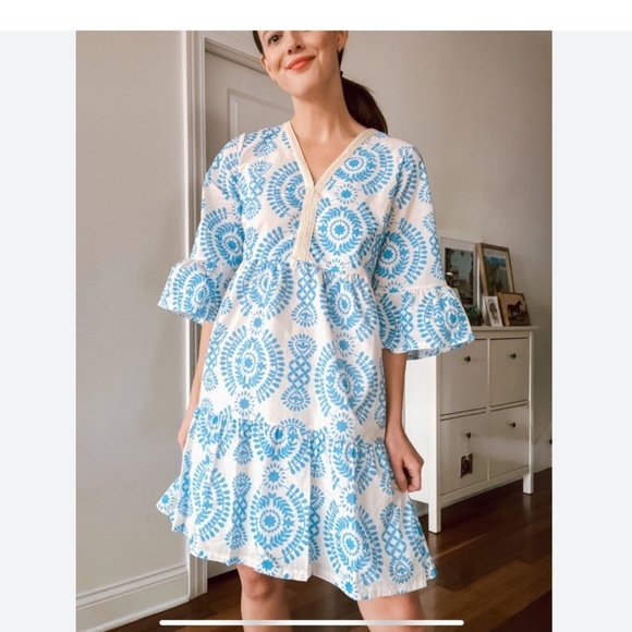 GIORGIA GIANNINI Santorini Mini Dress Bell Sleeves Embellished V-Neck Tiered Sm - Picture 11 of 12